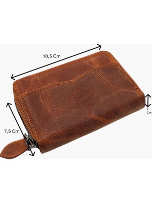 Westpolo Hakiki Eskitme Deri Fermuarlı Unisex Akordeon Kartlık - G2 Taba