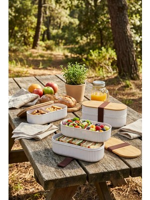 Makri Home 3 Adet 2'li Bambu Kapaklı Saklama ve Beslenme Kutusu – 2 Katlı, 20 x 9 x 5,5 cm