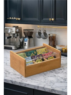 Makri Home Bambu Çay Kutusu Şeffaf Kapaklı Poşet Çay Saklama Organizatörü Bölmeli Tea Box