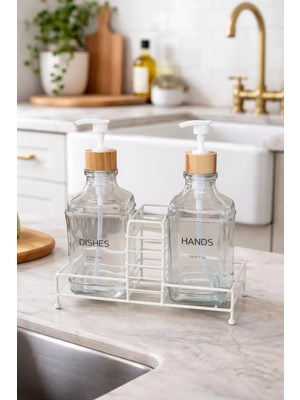 Makri Home Bambu Kapaklı İkili Cam Sıvı Sabunluk & Deterjanlık Seti 2×500 Ml Şık Tasarım