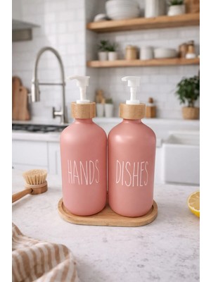 Makri Home Bambu Altlıklı Bambu Kapaklı Ikili Cam Sıvı Sabunluk & Deterjanlık Seti – 2×500 Ml- 16,5 x 9 x 21 cm