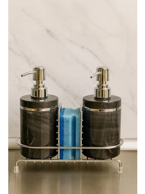 Makri Home 2'li Sıvı Sabunluk Seti, Süngerlikli ve Stantlı, Gri Gümüş