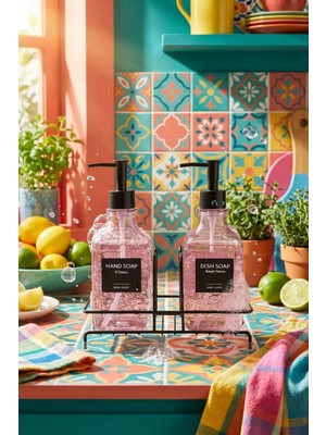 Makri Home Cam İkili Sıvı Sabunluk & Deterjanlık Seti 500 ml Siyah Metal Standlı Şık Tasarım