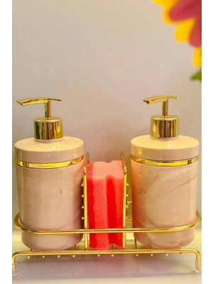 Makri Home 2 Li Sıvı Sabunluk Seti Altın Renk Detaylı, Süngerlikli ve Stantlı