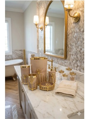 Makri Home Gold Kaplama Metal Stantlı 5 Parça Mermer Desenli ve Düz Renk Seçenekli Banyo Aksesuar Takımı