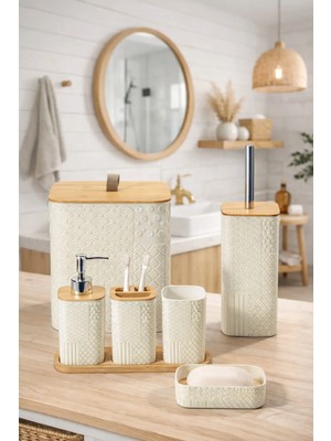 Makri Home Desenli 7 Parça Bambu Kapaklı ve Aksesuarlı Banyo Seti