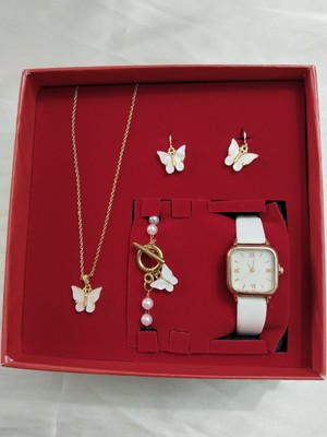 Mumicemum Hediyelik Kadın Sedef Kelebek Saat ve Kolye+Küpe+Bileklik 5li Takı Seti