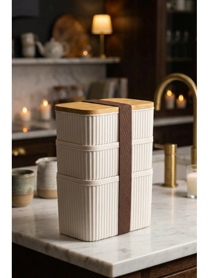 Makri Home 3'lü Bambu Kapaklı Saklama Kabı Seti – 1l + 0,5l + 0,5l, Üst Üste Yerleştirilebilir, 21 cm Yükseklik