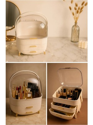 Makri Home Krem Renk Kapaklı Makyaj Organizeri–3 Katlı, Şeffaf Kubbeli, Çekmeceli ve Taşınabilir Düzenleyici