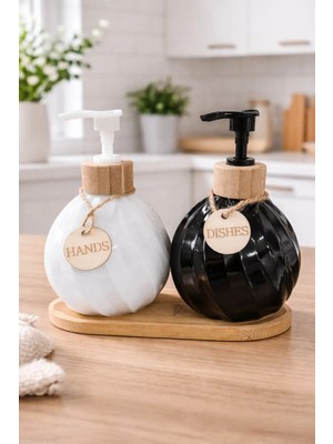 Makri Home 2'li Sıvı Sabunluk & Deterjanlık Seti, Bambu Stantlı, Stant 17,5x8,5 Cm, Şişe 400 ml 15X10 cm