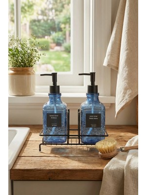 Makri Home Modern Cam Sıvı Sabunluk & Deterjanlık SETI-500 ml Cam Sabunluk, Metal Stand'lı