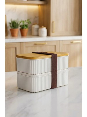 Makri Home Bambu Kapaklı 2'li Saklama Kabı Seti – 0,5+0,5 Litre – Üst Üste Konabilir – 15X9X10 cm