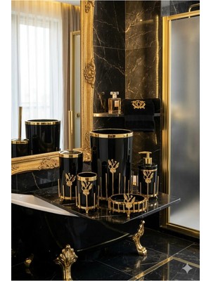 Makri Home Gold Kaplama Metal Stantlı 5 Parça Mermer Desenli ve Düz Renk Seçenekli Banyo Aksesuar Takımı