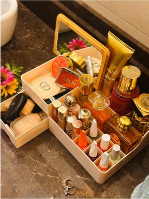 Makri Home Bambu Aynalı Kozmetik Takı Makyaj Organizer, 29 x 17,5 x 10 Cm, Portatif Bambu Aynalı