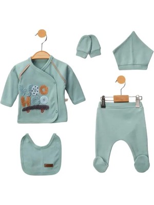 Bamoola Organik Erkek Kaykay Desenli 5'li Tulum Hastane Çıkışı Yenidoğan Kıyafet Mama Önlüğü