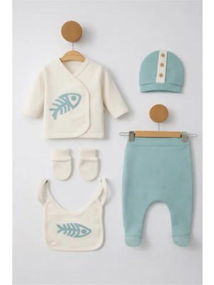 Bamoola Organik Erkek Balık Desenli 5'li Tulum Hastane Çıkışı Yenidoğan Kıyafet Mama Önlüğü