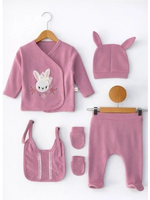 Bamoola Organik Kız Bebek Baskı Tavşan Desenli 5'li Tulum Hastane Çıkışı Yenidoğan Kıyafet Mama Önlüğü