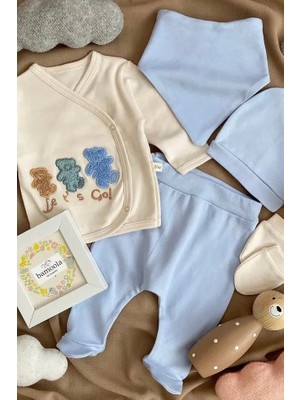 Bamoola Organik Erkek Bebek 3 Ayıcık Desenli 5'li Tulum Hastane Çıkışı Yenidoğan Kıyafet Mama Önlüğü