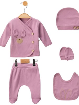 Bamoola Organik Kız Bebek Kulaklı Tavşan Desenli 5'li Tulum Hastane Çıkışı Yenidoğan Kıyafet Mama Önlüğü