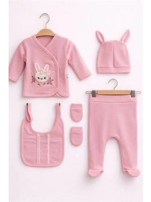 Bamoola Organik Kız Bebek Baskı Tavşan Desenli 5'li Tulum Hastane Çıkışı Yenidoğan Kıyafet Mama Önlüğü