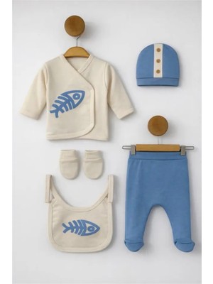 Bamoola Organik Erkek Balık Desenli 5'li Tulum Hastane Çıkışı Yenidoğan Kıyafet Mama Önlüğü