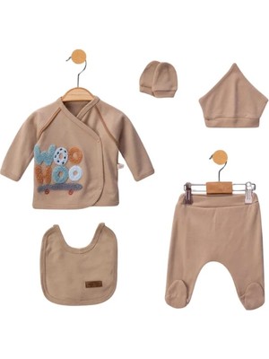 Bamoola Organik Erkek Kaykay Desenli 5'li Tulum Hastane Çıkışı Yenidoğan Kıyafet Mama Önlüğü