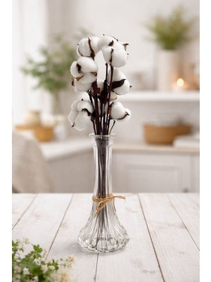 Green Deco Doğal Pamuk Çiçeği 10 Adet Tekli Dal Kuru Çiçek 30 cm Yapay Çiçek Büyük Çiçek Dalı