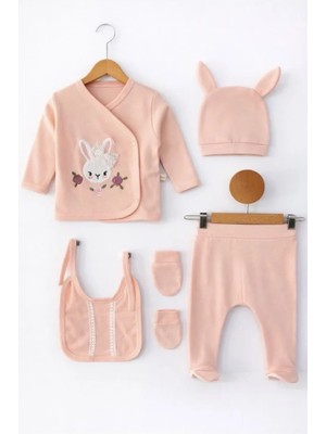 Bamoola Organik Kız Bebek Baskı Tavşan Desenli 5'li Tulum Hastane Çıkışı Yenidoğan Kıyafet Mama Önlüğü