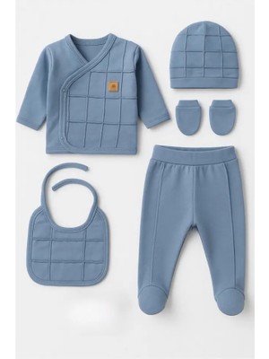 Bamoola Organik Erkek Bebek Kare Desenli 5'li Tulum Hastane Çıkışı Yenidoğan Kıyafet Mama Önlüğü