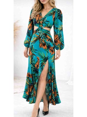 Moda Garden Desenli Viskon Arkadan Baglamalı Elbise