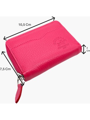 Westpolo Hakiki Deri Bol Kart Bölmeli ve Fermuarlı Unisex Akordeon Kartlık - Fuşya