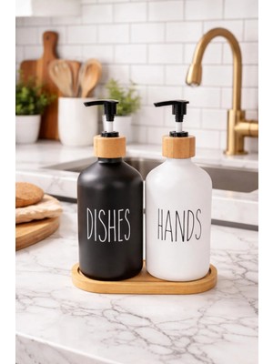 Makri Home Bambu Altlıklı Bambu Kapaklı Ikili Cam Sıvı Sabunluk & Deterjanlık Seti – 2×500 Ml- 16,5 x 9 x 21 cm