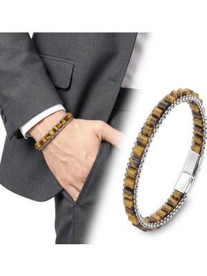 Fm 💎 Premium Kaplan Gözü Doğal Taşlı Hasır Örgü Zincirli Erkek Çelik Bileklik 31832B28D15 - 21 cm