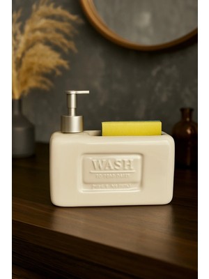 Makri Home Şık ve Fonksiyonel Seramik Süngerlikli Sıvı Sabunluk/deterjanlık, Krem, 500 ml