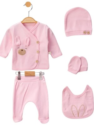Bamoola Organik Kız Bebek Kulaklı Tavşan Desenli 5'li Tulum Hastane Çıkışı Yenidoğan Kıyafet Mama Önlüğü