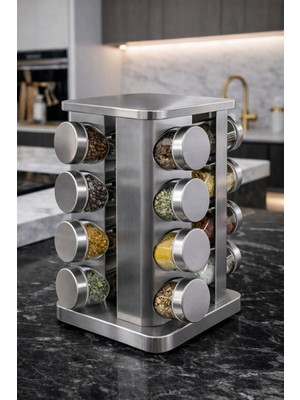 Makri Home 16'lı Döner Baharatlık Seti Krom Metal 118 ml Cam Kavanozlarla Şık Mutfak Aksesuarı