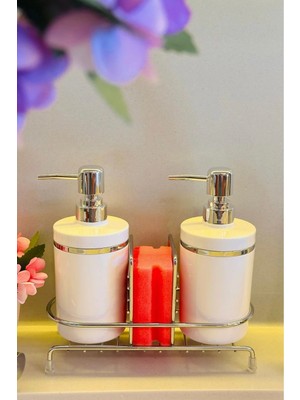 Makri Home Stantlı 2'li Sıvı Sabunluk Seti Süngerlikli - Gümüş Renk Detaylı