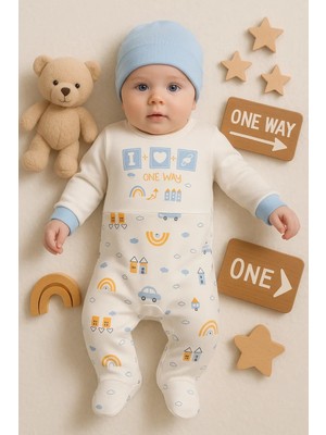 Beruflic Araba Desenli Mavi 2'li Şapkalı Erkek Bebek Tulumu