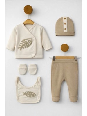 Bamoola Organik Erkek Balık Desenli 5'li Tulum Hastane Çıkışı Yenidoğan Kıyafet Mama Önlüğü