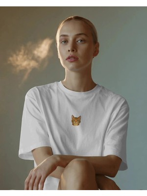 Muhtar Store Kadın Bengal Kedisi Baskılı Oversize Tişört – Minimal Bengal Cat Tasarım
