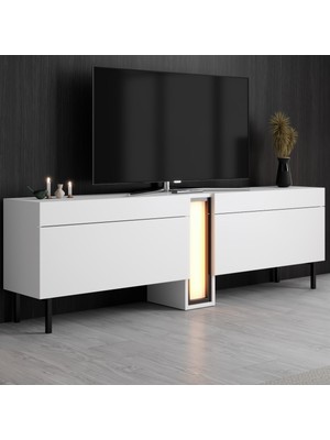 Modatte Mobilya MODATTE Nova Siyah Demir Ayaklı Rgb LED Işık Sistemli Beyaz Tv Ünitesi Tv Sehpası