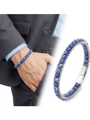 Fm 💎 Premium Lapis Doğal Taşlı Hasır Örgü Zincirli Erkek Çelik Bileklik 31832B28D17 - 20 cm