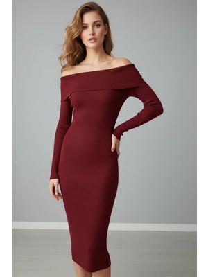 Modanı Seç Kadın Kırmızı Madonna Yaka Uzun Elbise