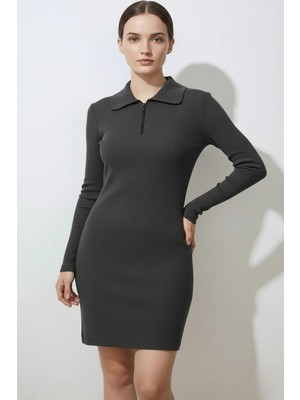 Modanı Seç Kadın Fermuarlı Polo Yaka Gri Elbise