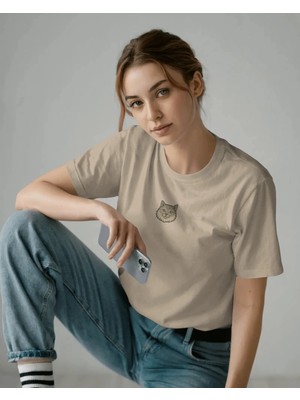 Muhtar Store Kadın Maine Coon Kedi Baskılı Oversize Tişört – Minimal Maine Coon Cat Tasarım