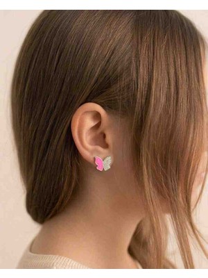 Generic Şık Tasarım 925 Ayar Gümüş Mineli Çocuk Küpe- Pembe Beyaz Kelebek Model