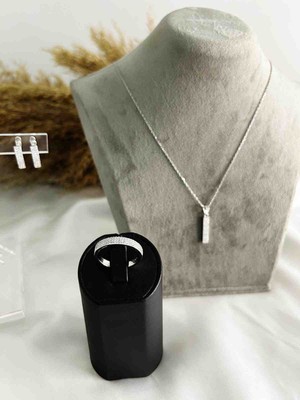 Generic 925 Ayar Gümüş Üçlü Set -  Küpe - Kolye ve Yüzük Seti Zirkon Detaylı Çizgi Model