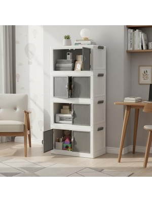 4 Katlı Katlanabilir Portatif Dolap (Beyaz-Gri) | Kapaklı, Ayarlanabilir Plastik Çok Amaçlı Saklama Rafı | Banyo, Çocuk Odası ve Mutfak Düzenleyici (48.5X29.5X107.5 Cm)