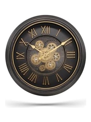 Premium Serisi Antik Eskitme Kadranlı Döner Çarklı Ev ve Ofis Duvar Saati Roma Rakamlı 40 cm Siyah