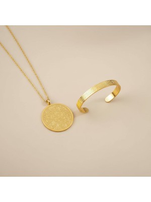 TrendyX Hat Sanatı Ayetel Kürsi Kolye ve Ayetel Kürsi Bileklik Seti Gold Çelik